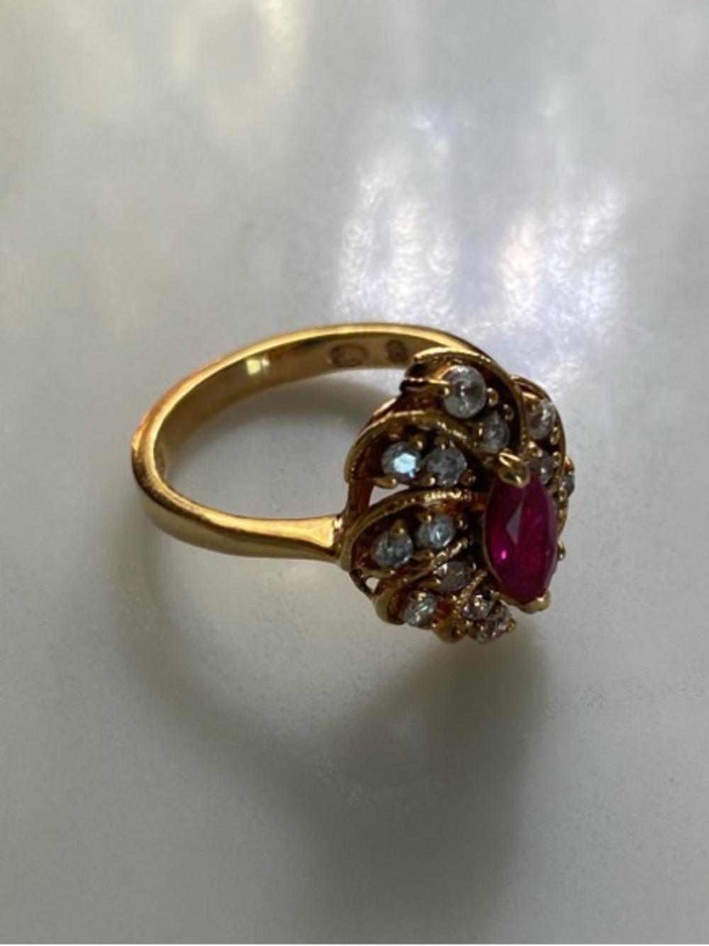 925 Stamped Gold Tone Ring with Marquise Ruby-Red Center and Clear Crystal Halo